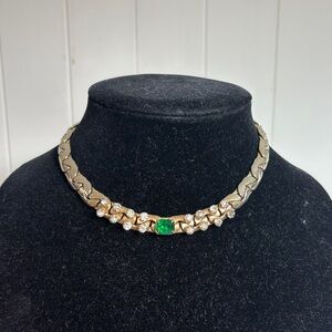 Vintage Clear and Green Rhinestone Choker Necklace